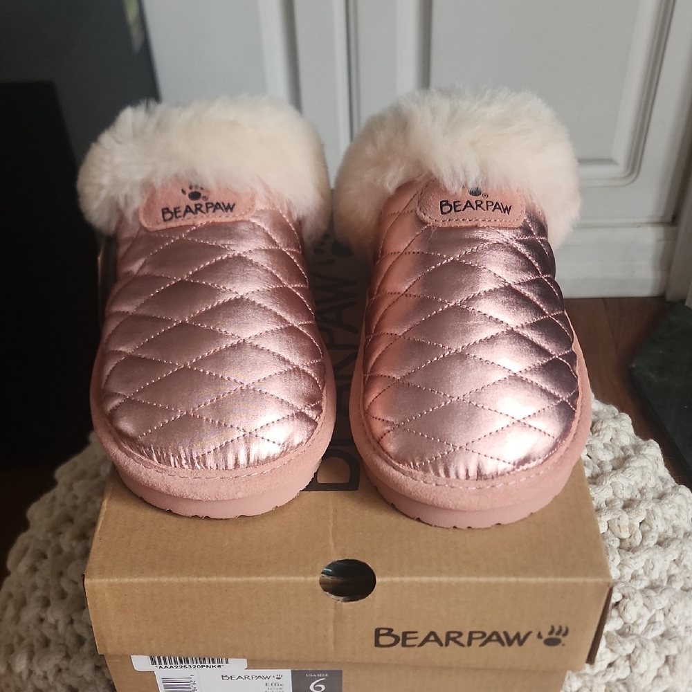 BearPaw New Metallic Pink Quilted Sheepskin Slippers